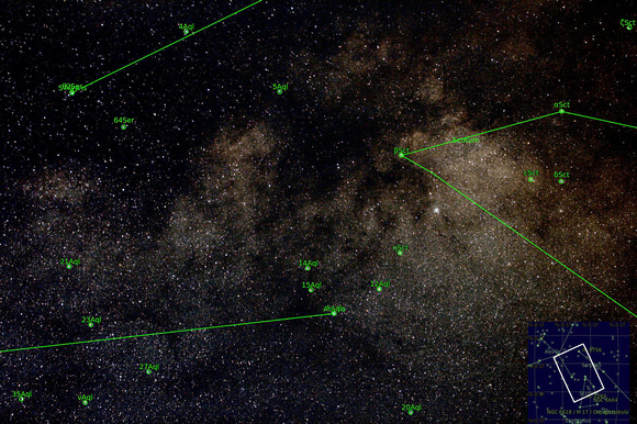 Aquila & Scutum near the centre of the  Milky Way - annotated image & chart