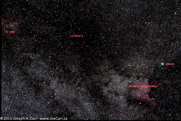 Dark & emission nebula north of Deneb - annotated