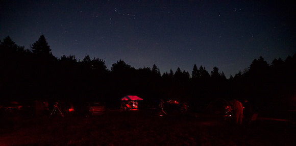 Camping and telescopes on the observing field with a Perseid meteor streaking behind the treeline