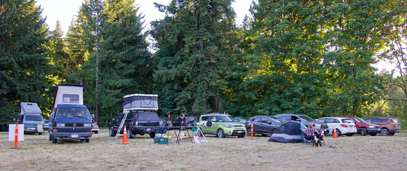 Camper vans and campers setup in the overlfow parking area