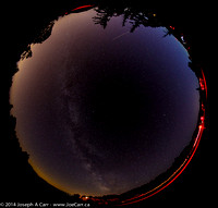 Milky Way, 360 view of observing field, and a meteor streak going into the trees at top of frame